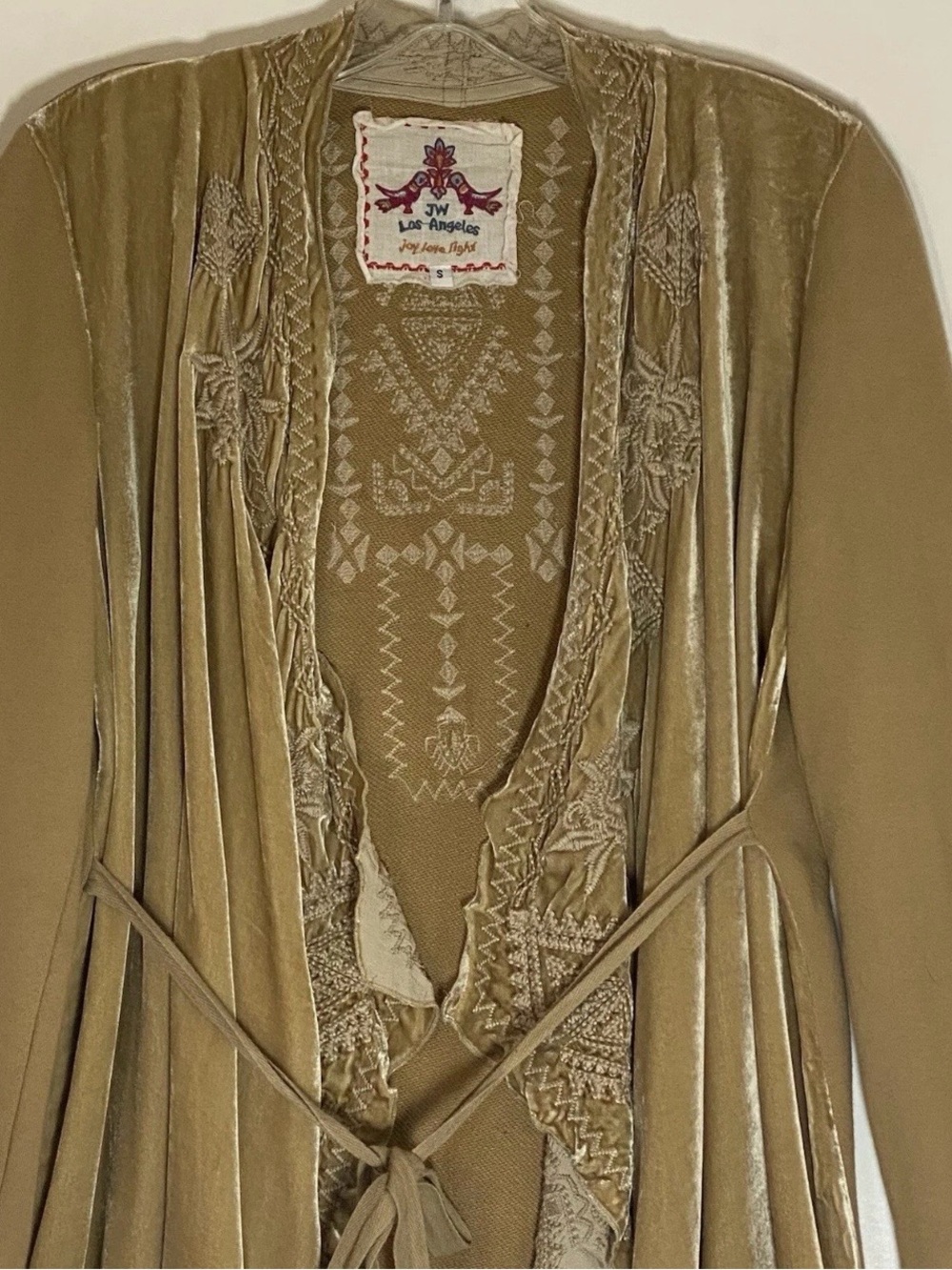 Boho Johnny Was Velvet Tie-Waist Robe Cardigan in tan/Beige - Picture 2 of 13